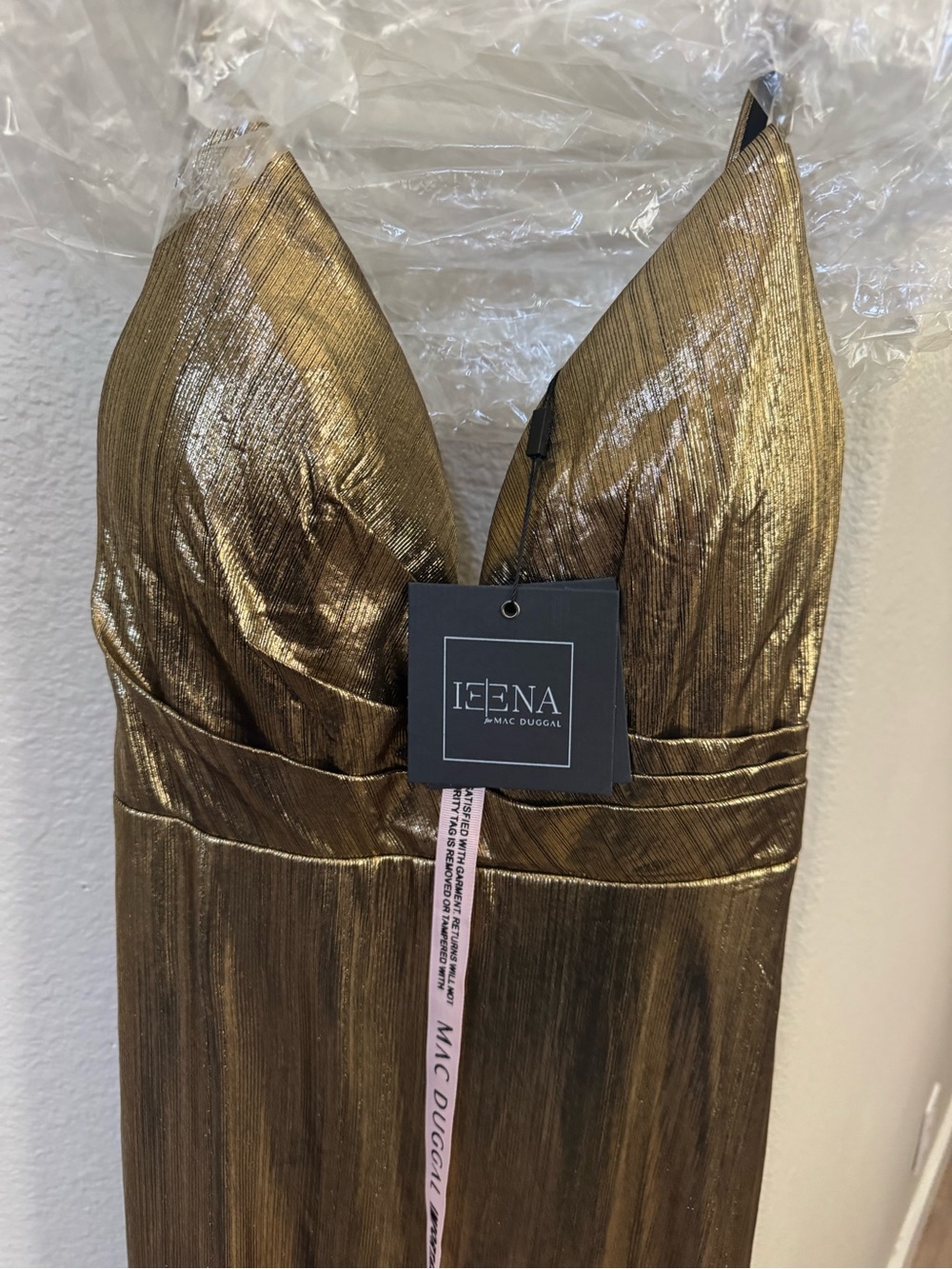 Mac Duggal Metallic Gold Plunging V-Neck Maxi Dress - Picture 3 of 5